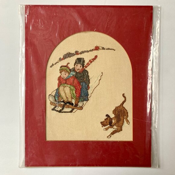 Norman Rockwell Boys Sledding with Dog Cross Stitch Needlepoint Picture - Picture 1 of 3